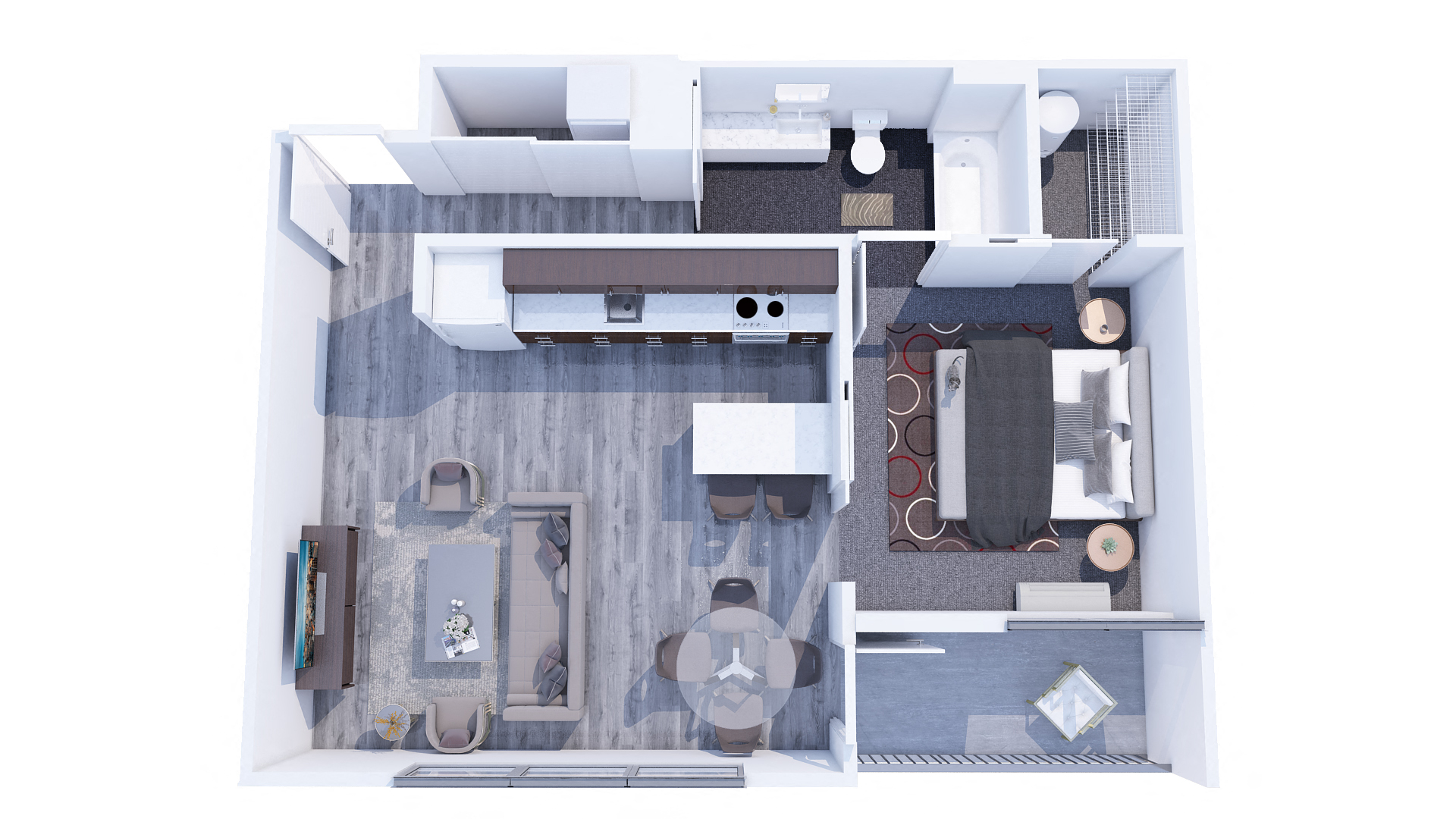 Floor plan for 1 bed, 1 bath, 634 sqft